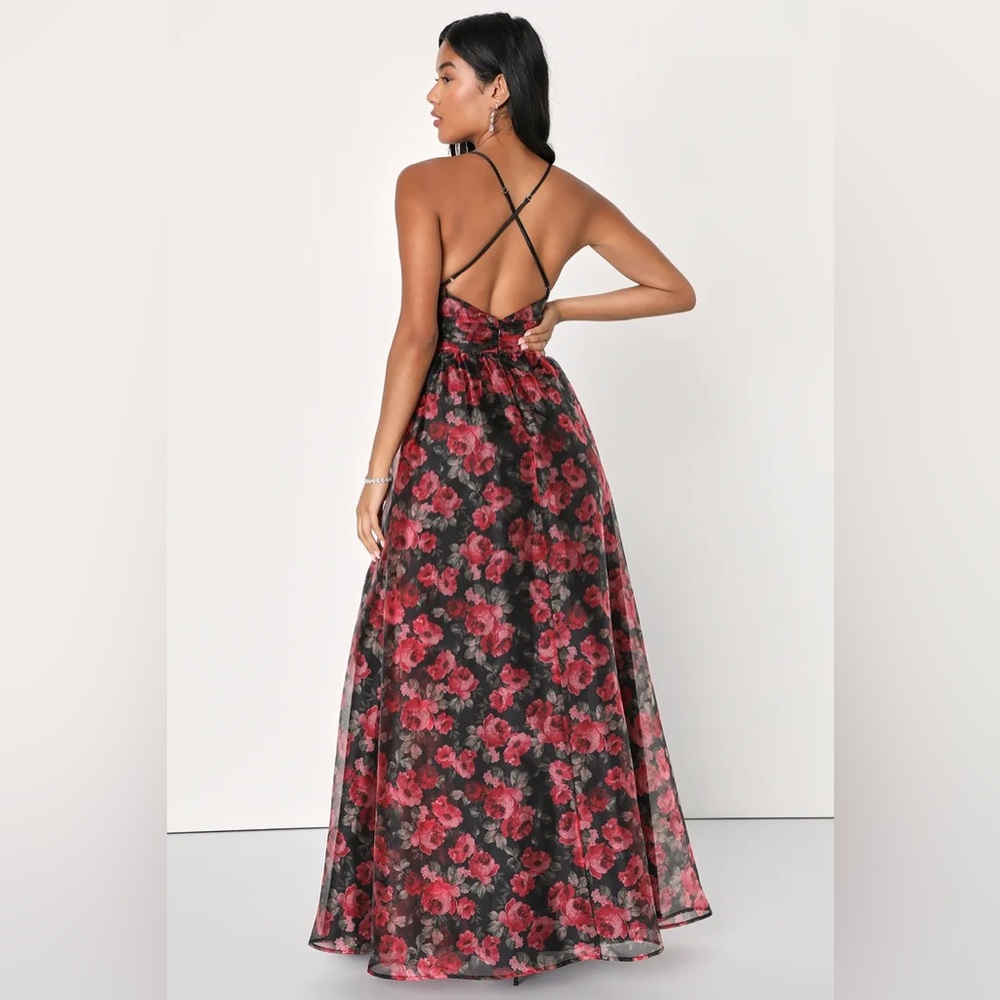 LULUS Simply Divine Black Red Floral Print Organza Maxi Dress ❤️NWT❤️IN STORES❤️ - Picture 3 of 3